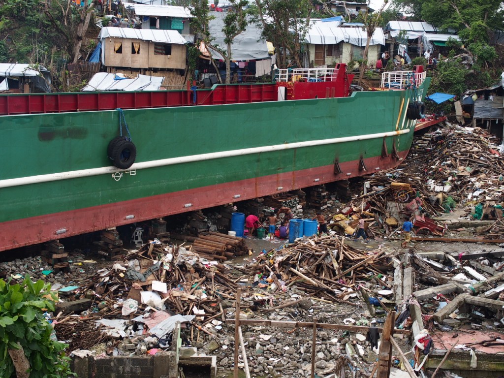 A large ship blown ashore by super typhoon Yolanda