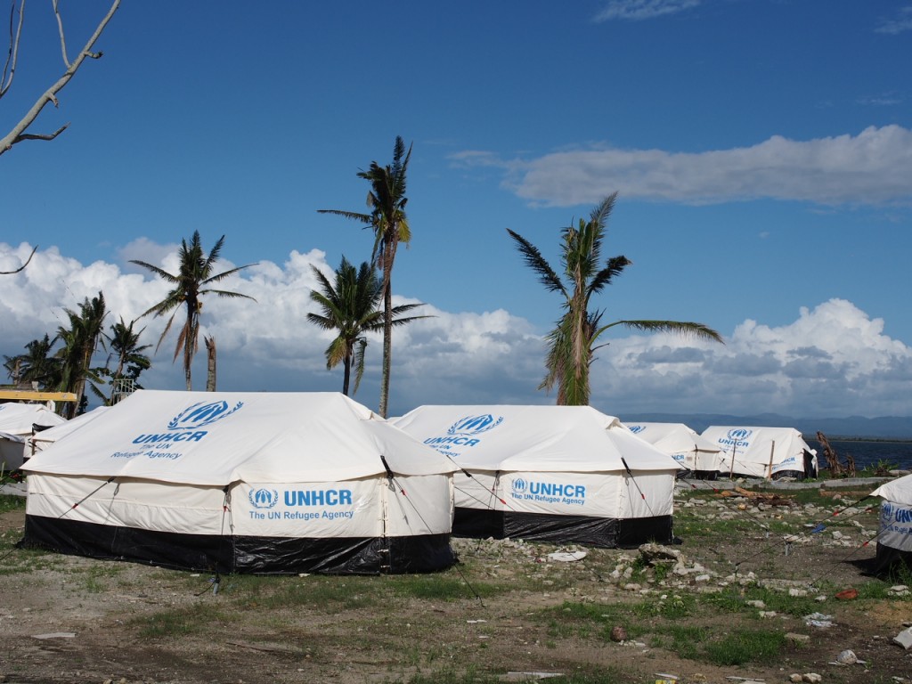 A field of UNHCR tents used as temporary family shelters