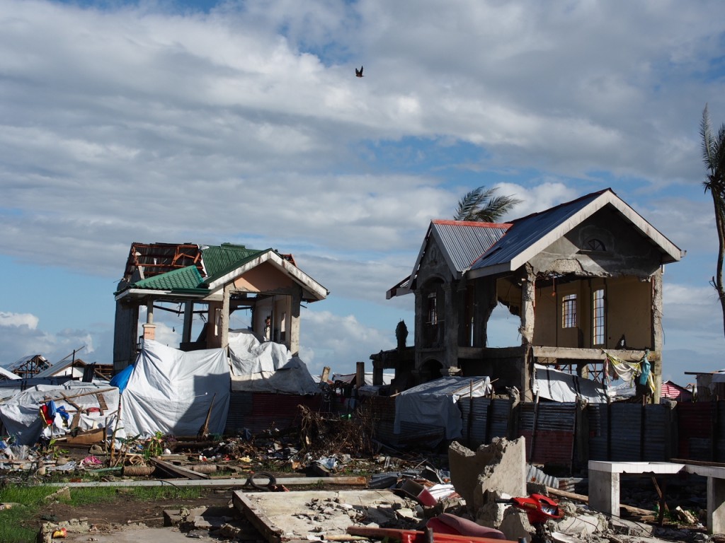 A large bird flies over two houses with no walls after super typhoon Yolanda